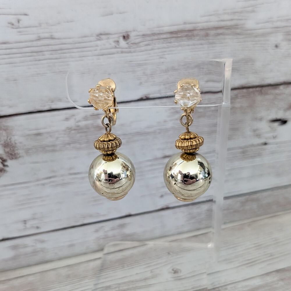Vintage Clip On Earrings Large Gold Tone Ball Dangle